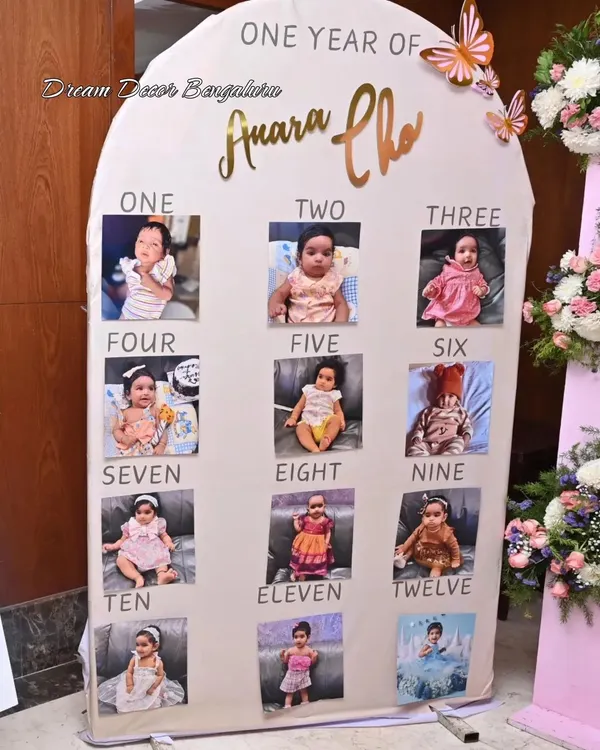 A personalized 'One Year Of' photo board is a heartwarming addition to any first birthday. This one was for a dreamy 'Onderland' party, showcasing the baby's monthly milestones.