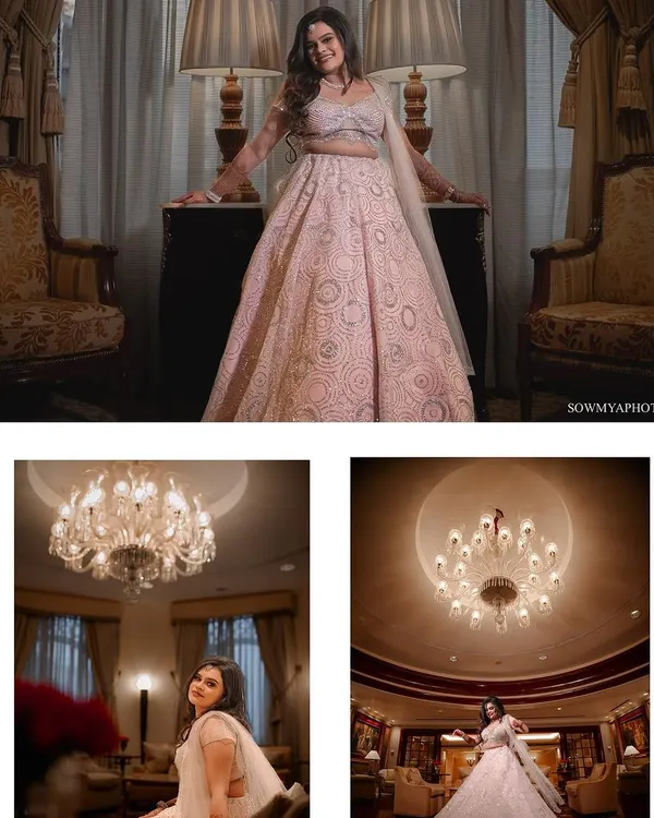 A collage showcasing the bride's stunning lehenga and the opulent decor of The Leela Palace, including the grand chandeliers.