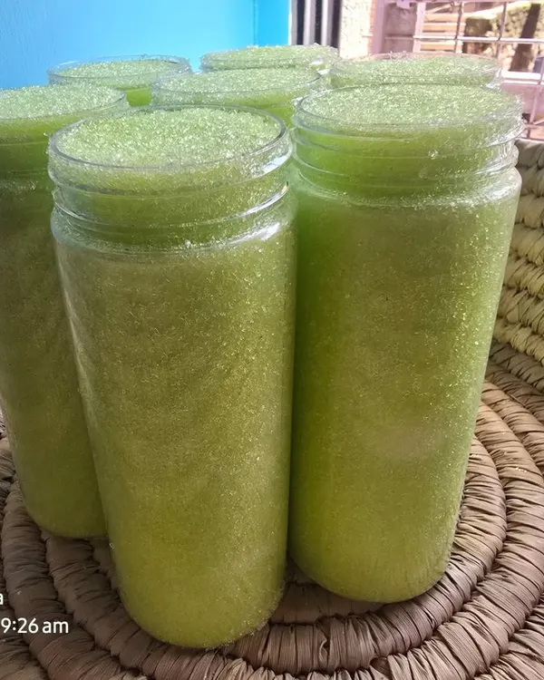 Jars of my vibrant green Stress Relief Bath Salt. This Lemongrass blend is perfect for a mood-boosting soak, helping to detox the skin and even relieve period cramps.