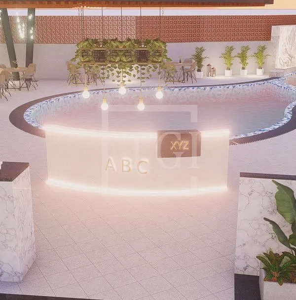 A 3D render of a proposed hotel project in Bhubaneswar, featuring a glowing reception desk for a poolside lounge. This design focuses on creating a high-impact first impression for guests entering the fine dining or bar area.