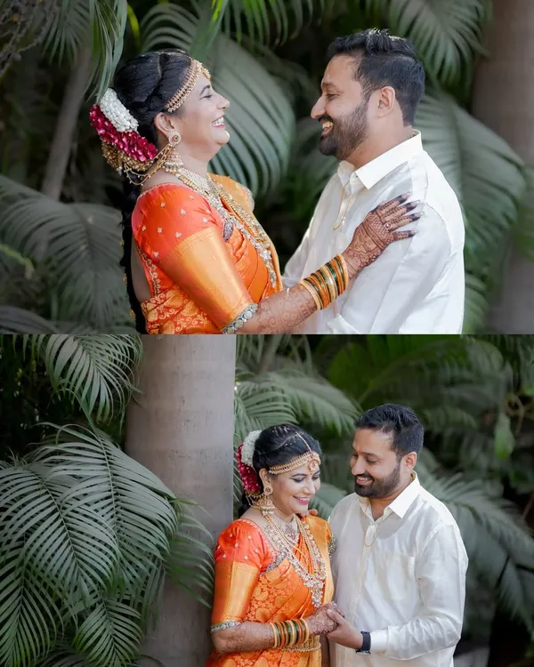 A collage of a happy South Indian couple, capturing their laughter and loving interactions in a lush, green setting.