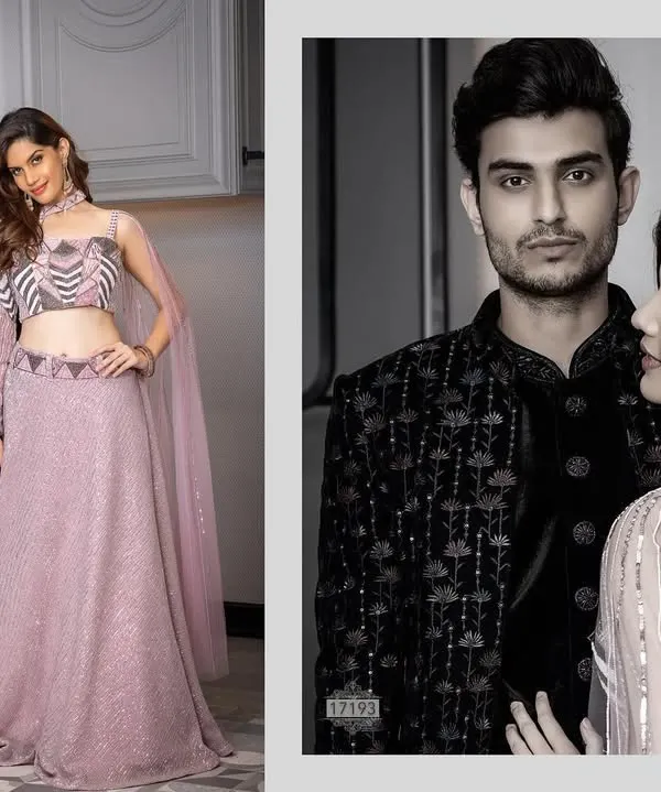 For the couple that wants their twinning game on point. This black embroidered Indo-western for him and the complementary lilac lehenga for her is a perfect match for a modern reception.