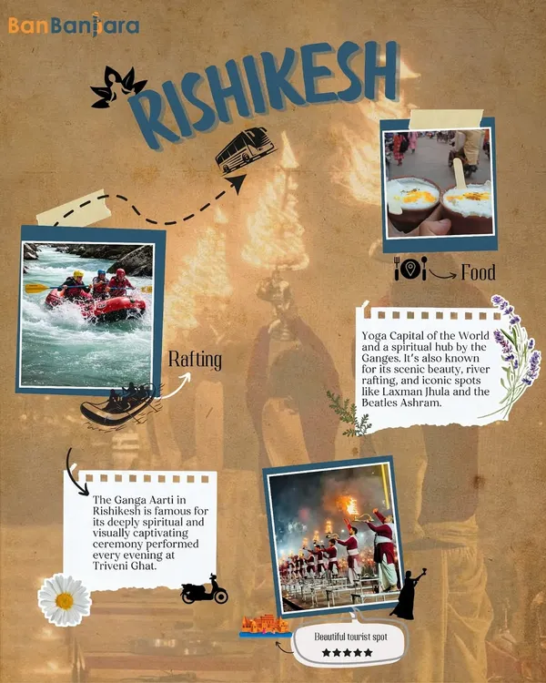 A collage of everything Rishikesh has to offer. From the spiritual Ganga Aarti to thrilling white-water rafting and amazing local food, it's the perfect blend of peace and adventure.
