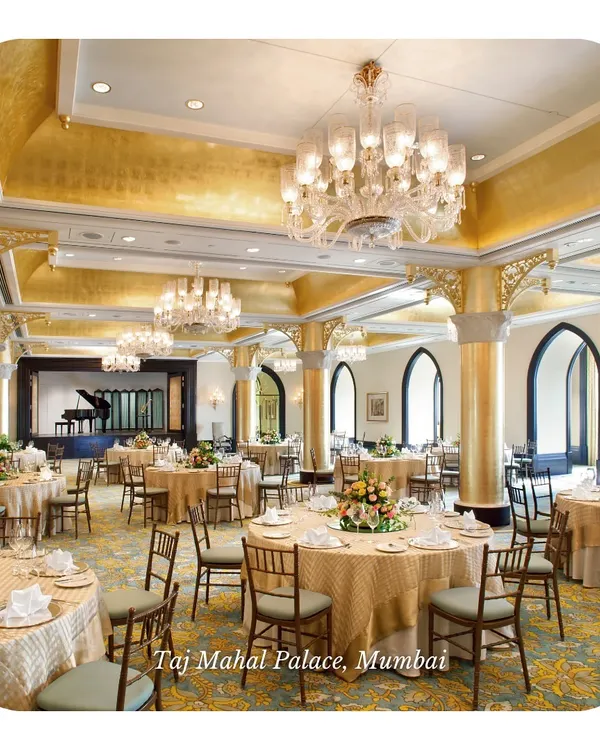 The timeless grandeur of the Taj Mahal Palace, Mumbai. We are proud to partner with this iconic venue to host legendary weddings in its magnificent, gold-leafed ballrooms.