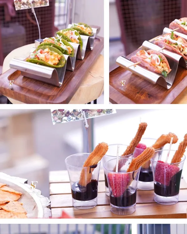 A collage showcasing some of my popular bite-sized offerings. It features colorful tacos in a modern stand and churros with chocolate dip, perfect for any celebration.