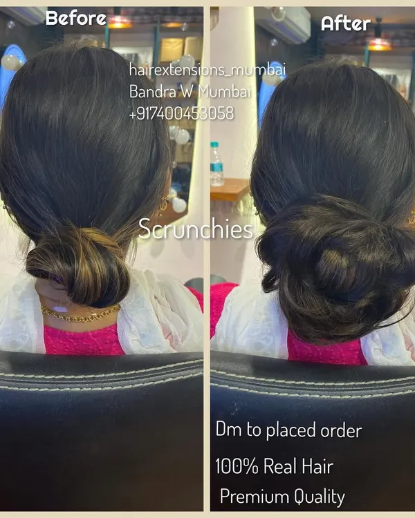 See the transformation for yourself. On the left is a small, simple bun. On the right is the same hair with our 100% real hair scrunchie, creating a full and voluminous messy bun in seconds. This is our premium quality solution for instant volume.