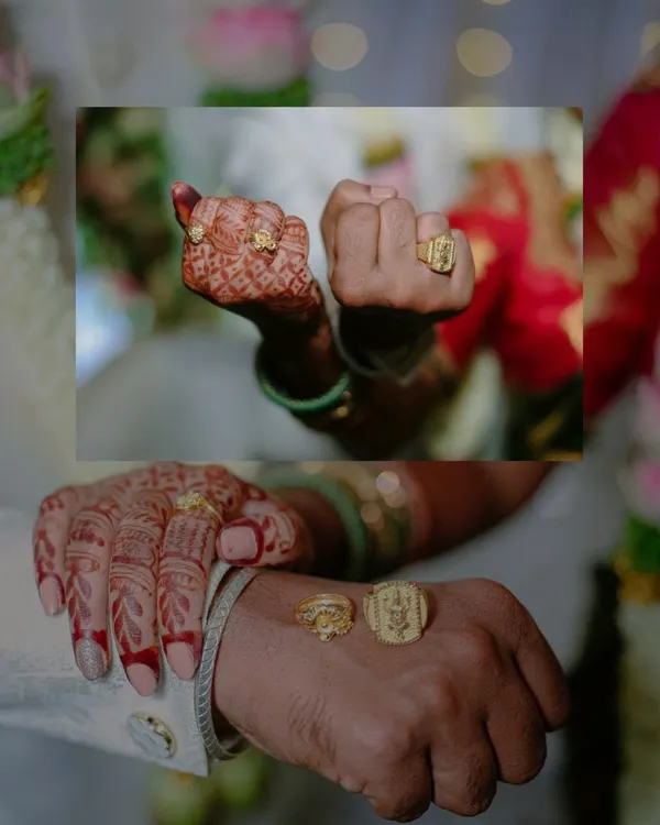 A creative collage celebrating the ring ceremony. This shot beautifully showcases the newly exchanged rings on both the bride's and groom's hands, marking the official start of their journey together.