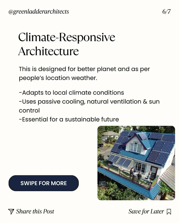 This graphic explains Climate-Responsive Architecture, a key principle in our work. We design buildings that adapt to the local climate by using passive cooling, natural ventilation, and sun control to create comfortable and energy efficient spaces.