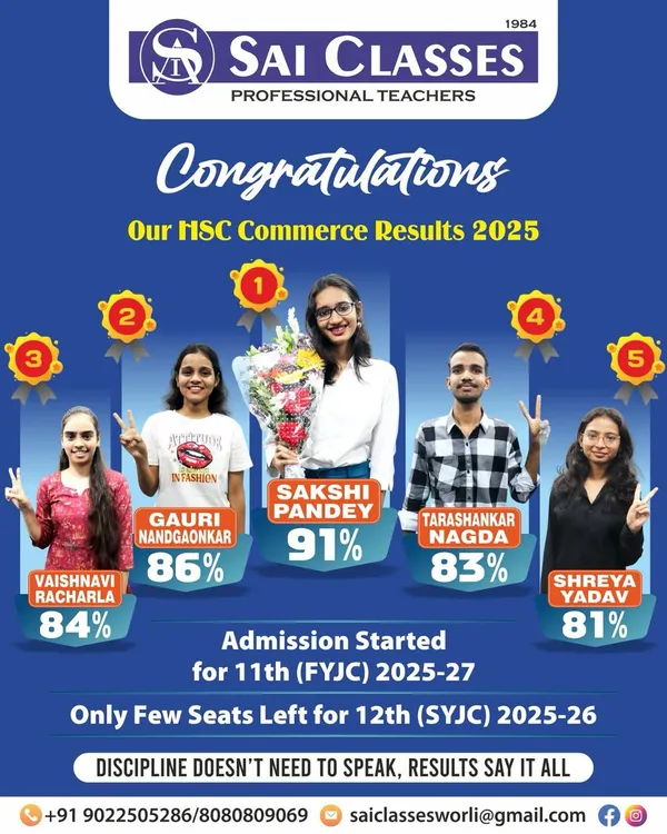 Our HSC Commerce students have achieved outstanding results. This poster celebrates our 2025 toppers, like Sakshi Pandey with 91%, showcasing the success that comes from our dedicated coaching and the hard work of our students.