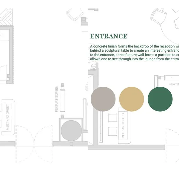 A floor plan of the entrance for 'The Reserved Lounges' at Bangalore International Airport. This drawing shows the layout of the reception, partition walls, and initial seating area, along with the proposed color palette.