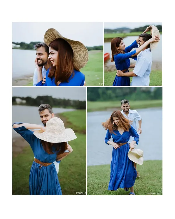 A collage showcasing a fun and breezy pre-wedding shoot by the lake. The couple's playful interactions and the wide-open natural scenery create a feeling of freedom and joy.