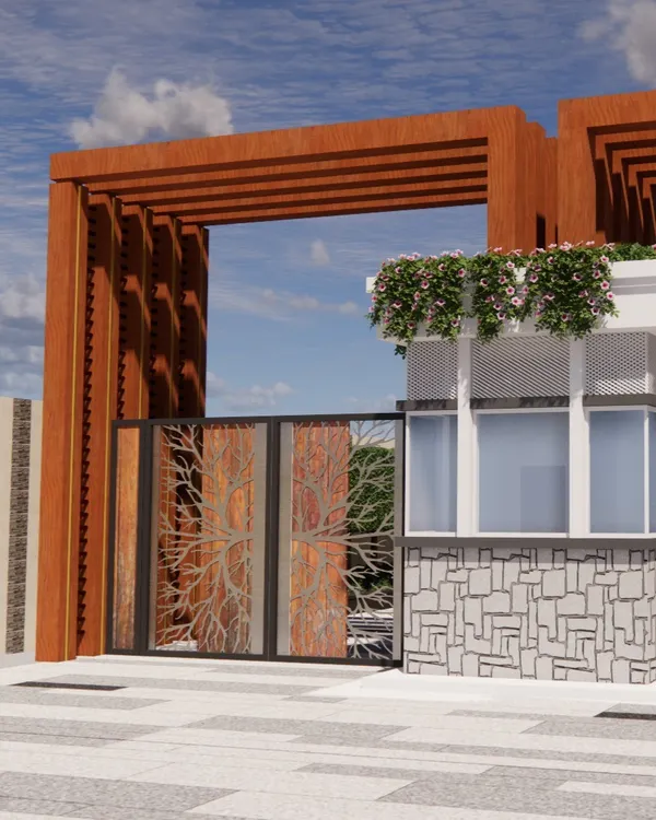 A design for a grand and modern entrance gate, featuring a combination of wood-look slats and custom metalwork with a tree motif. The structure provides security while making a bold architectural statement.