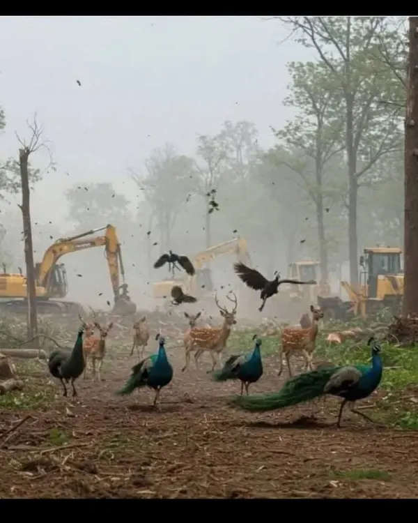 A heartbreaking image of wildlife fleeing as their forest home is destroyed by machinery. This is the silent tragedy that unfolds every day in the name of progress. We are not just cutting trees; we are erasing entire ecosystems.