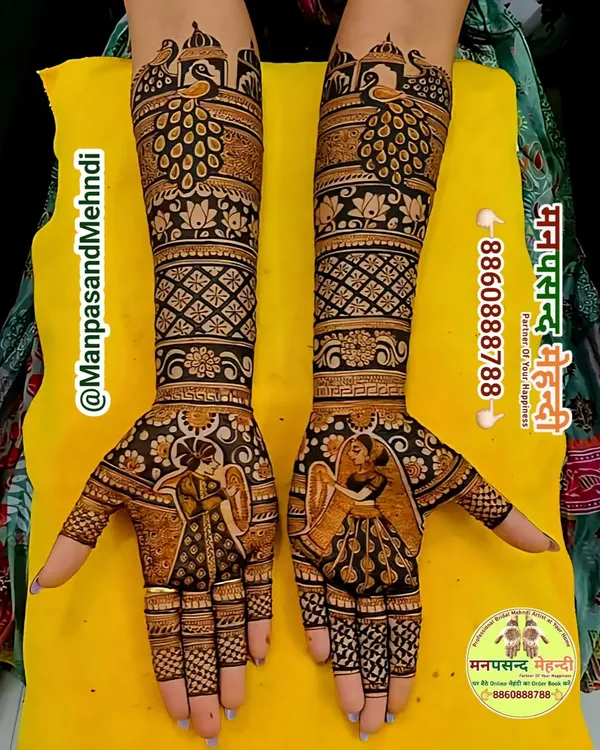 This is the kind of detailed, full-arm mehndi we love to create for festivals like Teej and Karwa Chauth. We can include traditional figures like a bride and groom or other custom elements to make your design unique.