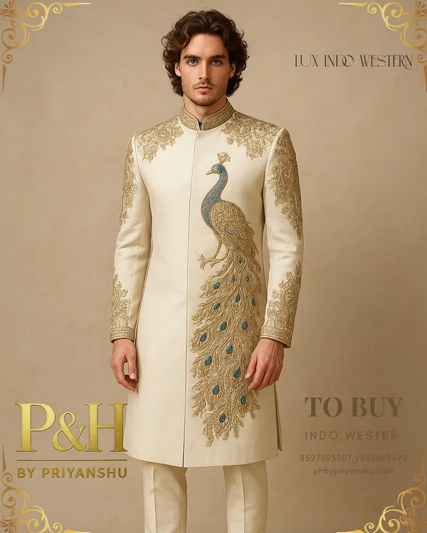A full view of my signature peacock-embroidered Indo-Western suit. Crafted from pure silk, this piece is a masterpiece of hand-embroidery and design, perfect for the groom who desires a truly unique and regal wedding day look.