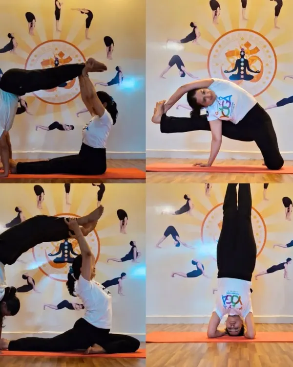 This collage captures the essence of our advanced practice: partner acrobatics, deep flexibility poses like Visvamitrasana, and stable inversions like Sirsasana (Headstand).