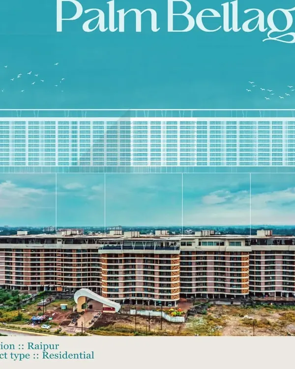The Palm Bellagio in Raipur, a completed project where we used contrast as a central theme. The organic, wave-like form of the building plan is contrasted with the linear, rhythmic pattern of the elevation, creating a dynamic and visually striking identity.
