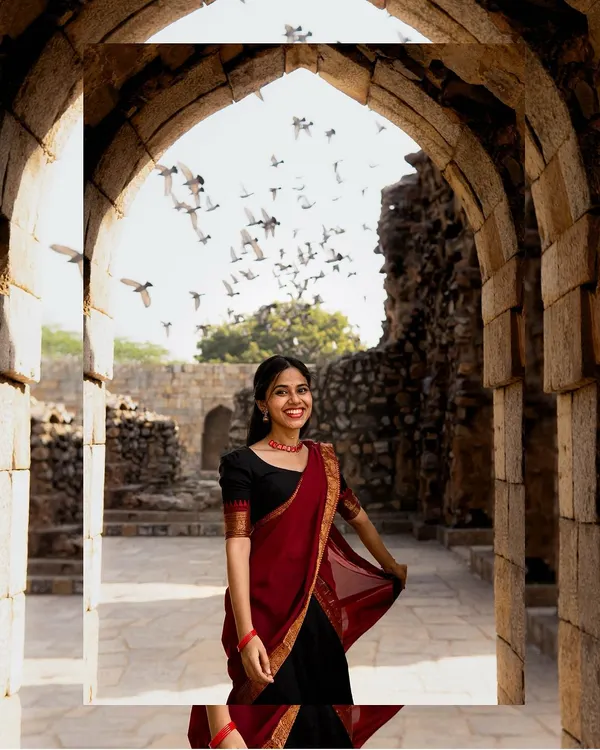 This shot from a Qutub Minar session is one of my favorites. We arrived early to catch the morning light and the quiet atmosphere, and the flock of pigeons taking flight was a perfect, unplanned moment. It’s this kind of spontaneous magic I love to capture in my portrait photography.
