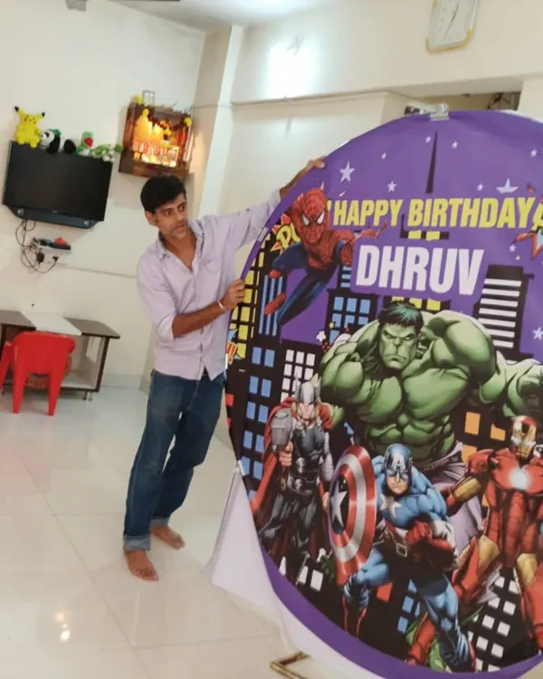 Work mode ON. Here I am setting up the backdrop for an Avengers theme party in Borivali. We ensure every detail is perfect before the guests arrive.