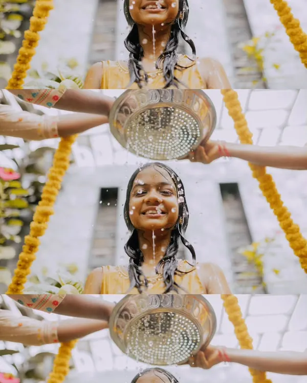 A collage capturing the joyful moments of a Mangala Snaanam, a traditional part of the Haldi ceremony.