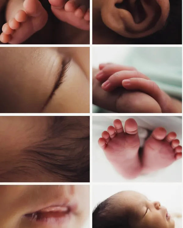 A collage showcasing the beautiful details we capture in every session: tiny feet, wispy hair, delicate eyelashes, and the curve of an ear.