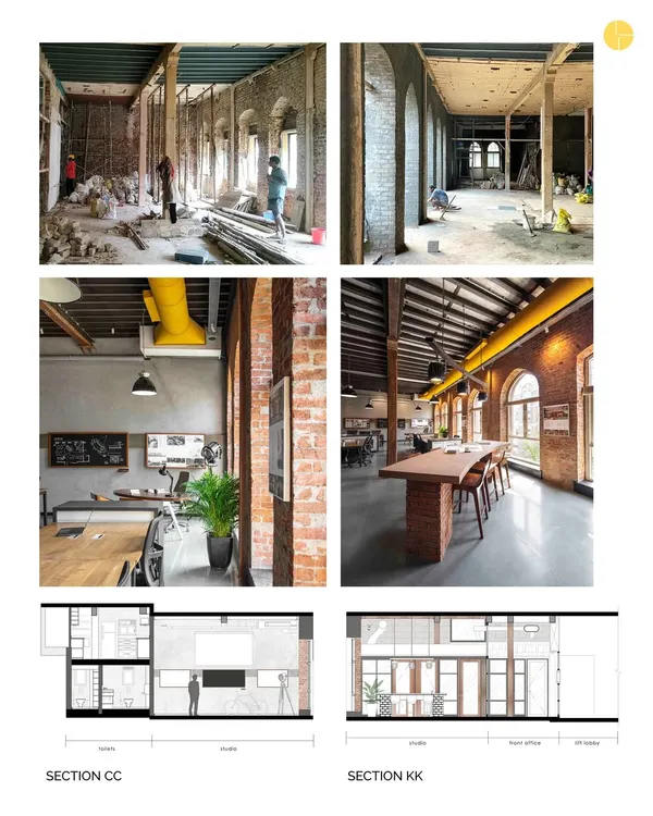 The transformation of The Loft. The top images show the space as we found it, stripped back to its raw structure. The bottom images show the finished studio, with exposed brick, a new mezzanine, and an open layout that honors the building's industrial past.