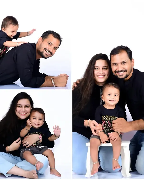 A collage of a family session with a one-year-old boy, showing playful moments with his parents.