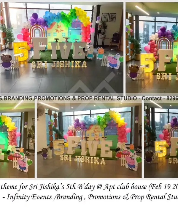 A cheerful Peppa Pig theme for a fifth birthday in an apartment clubhouse. The setup includes a vibrant rainbow balloon arch, a grass-like floor, and a large "FIVE" table surrounded by Peppa Pig characters.