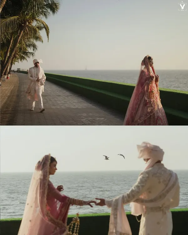 A two-part story of a first look by the sea. The groom walks towards his bride, and they reach for each other's hands, a simple, beautiful moment with the ocean as their witness.