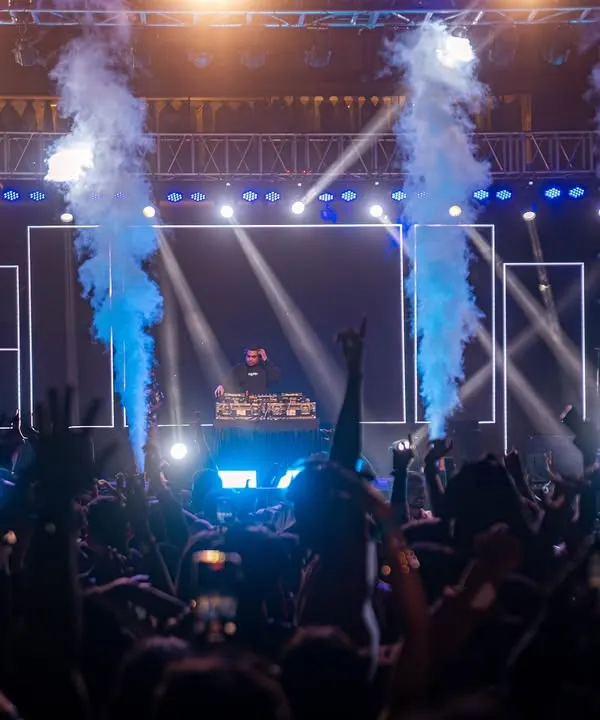 The view from my stage at RGIT Mumbai. This is the epic scale I bring to college festivals, complete with CO2 jets and a crowd that's ready to party.