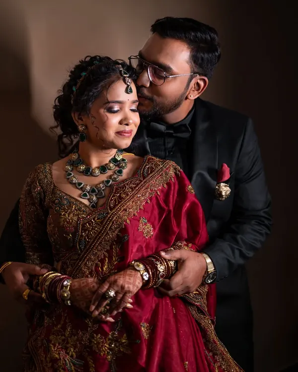 A beautiful moment between bride Lavanya and her groom. I provide makeovers for grooms as well, ensuring the couple looks perfectly coordinated.