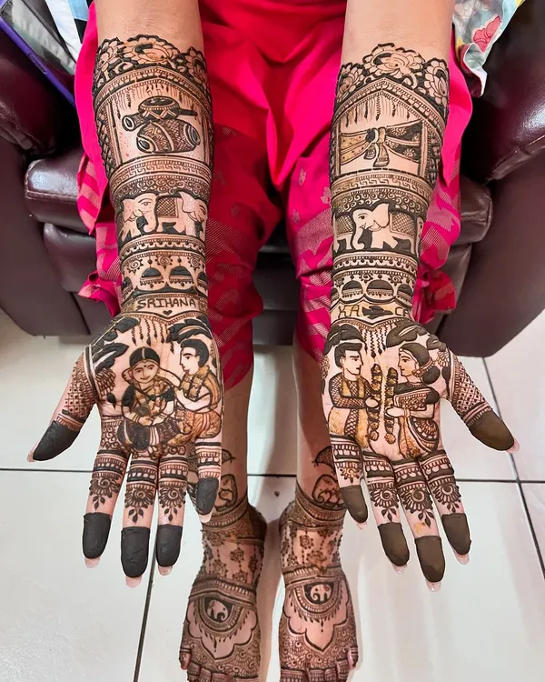 A complete bridal look, with stunningly detailed mehendi on both hands and feet. The design features family portraits, auspicious symbols, and traditional patterns.