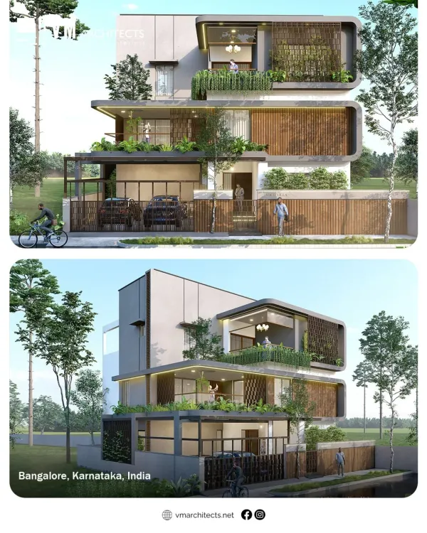 A modern home in Bangalore featuring a multi-layered facade with wooden screens and green balconies. This project showcases a contemporary approach to urban residential architecture.