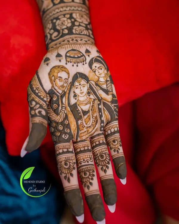 A close up of the story on her palm. This custom bridal portrait captures the bride with her parents, a truly special request that I was honoured to create.