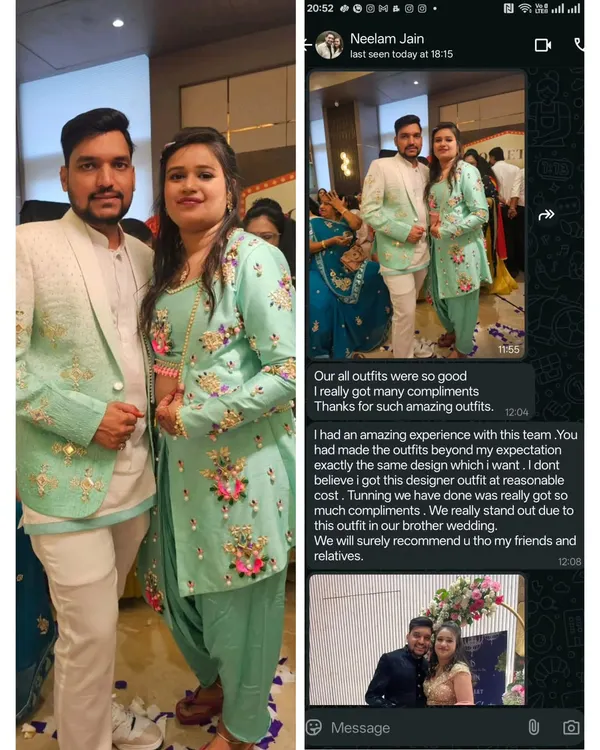 I was so thrilled to receive this glowing review from Neelam. We worked together to create these custom mint green outfits inspired by a playful, vibrant design she loved. Seeing her and Sanjay looking so happy and confident is why I do what I do.