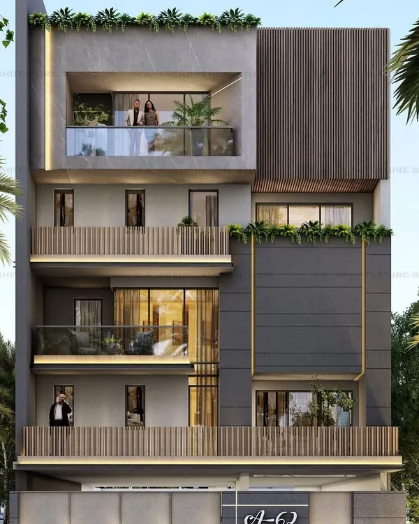 This is a 3D visualization of a modern residential facade in North Delhi. I've used a mix of textures, including stone cladding and vertical wood-style louvers, to create a bold, contemporary look. The design incorporates large glass windows and integrated planters to blend the structure with its natural surroundings.