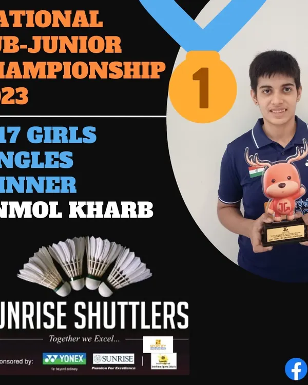 A proud moment as our athlete, Anmol Kharb, becomes the U-17 Girls Singles Winner at the National Sub-Junior Championship 2023. This highlights our commitment to nurturing top-tier national talent.