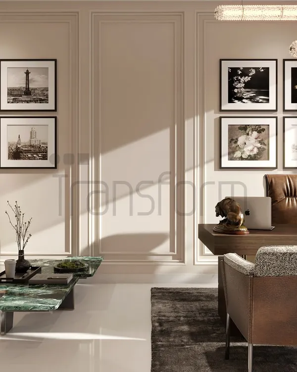 An effective workspace elevates creativity and personal style. Here, I used clean lines, a calm neutral palette, and an infusion of natural light to create an office that feels both sophisticated and serene, allowing for clarity of thought. The green marble coffee table adds a point of natural contrast.