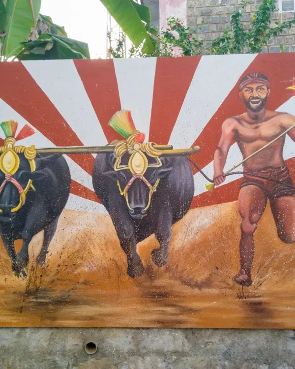 A full view of our Kambala mural, a dynamic depiction of the traditional buffalo race. This public artwork captures the motion and energy of this beloved Tulunad sport.