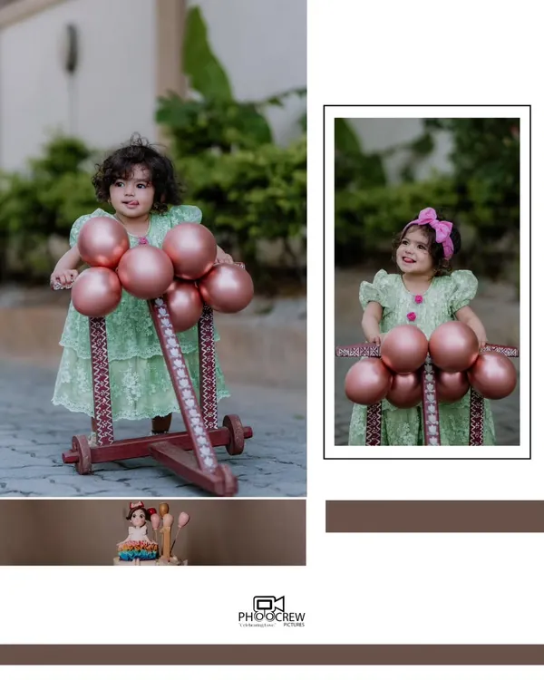This is an example of our album layout style for a first birthday. We combine a primary portrait with smaller inset images, including black and white versions, to create a dynamic and visually interesting page.