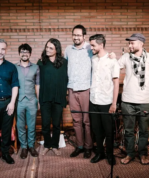 The musicians of REFUGE, a contemporary jazz ensemble, pose on our stage after their performance at the Courtyard Koota Jazz Festival. The festival celebrates spontaneous musical conversations and brings together artists from across the country.
