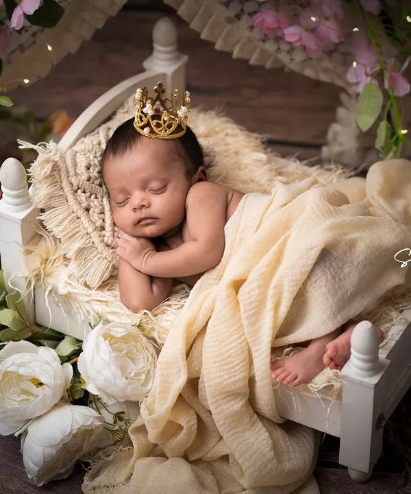 A sleeping prince in his royal cot. This classic newborn portrait uses soft, neutral tones, delicate flowers, and a tiny crown to create a timeless and elegant image.