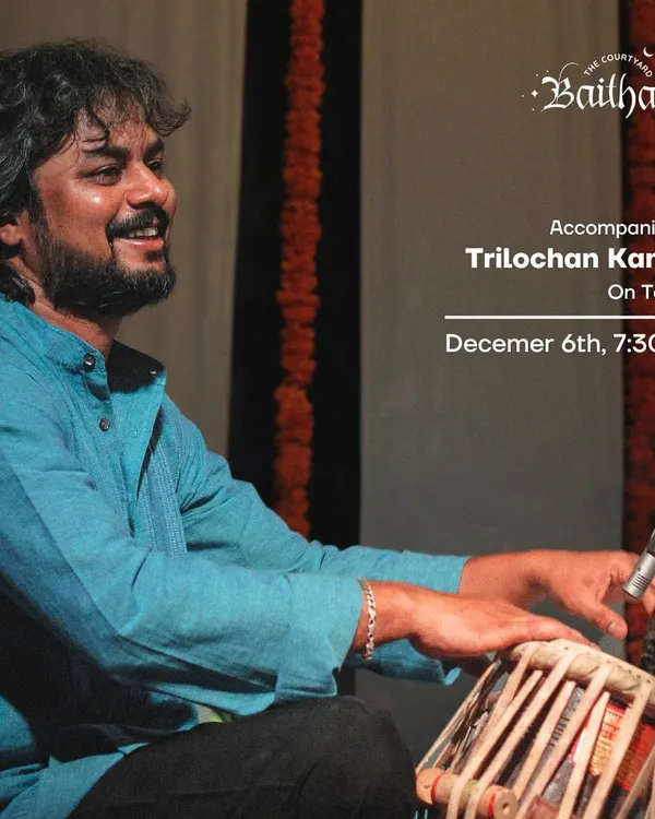A poster for the return of the Courtyard Baithak, featuring an evening of ghazals. As a curator and performer, I am deeply involved in bringing these musical experiences to life.