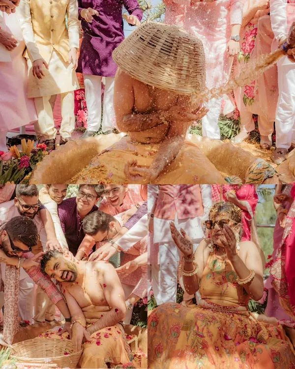 This is what a full-on masti Haldi looks like! I focus on capturing the energy and chaos of friends and family showering the couple with love, turmeric, and flower petals.