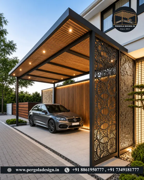This is the essence of a luxury carport. We combined a robust steel frame with a warm, wood-finish ceiling and custom laser-cut privacy screens. The integrated LED lighting not only illuminates the space but also highlights the architectural details, turning a functional parking area into a stunning evening showcase.