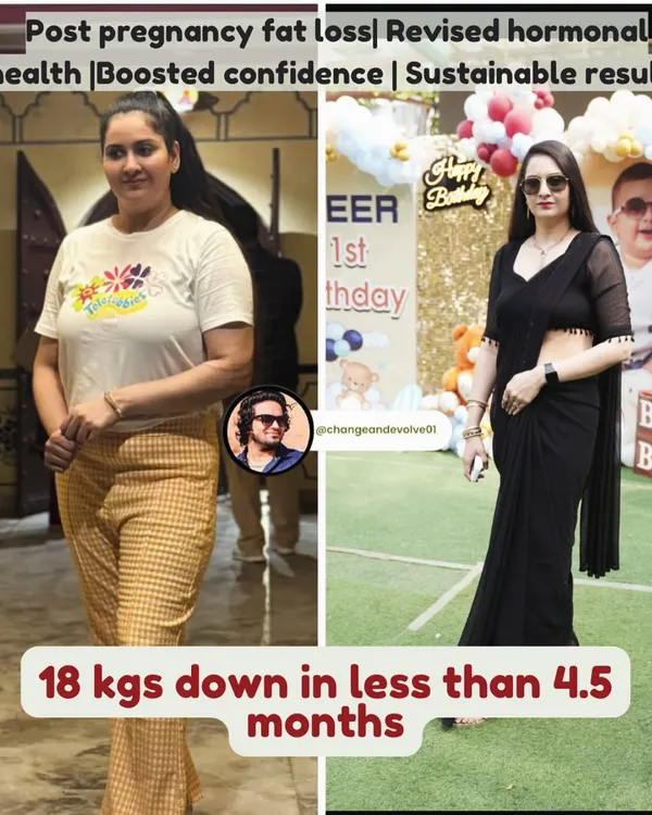 This is what sustainable post-pregnancy transformation looks like. We achieved an 18 kg weight loss in under 4.5 months by focusing on revising hormonal health and building confidence, not just dieting.