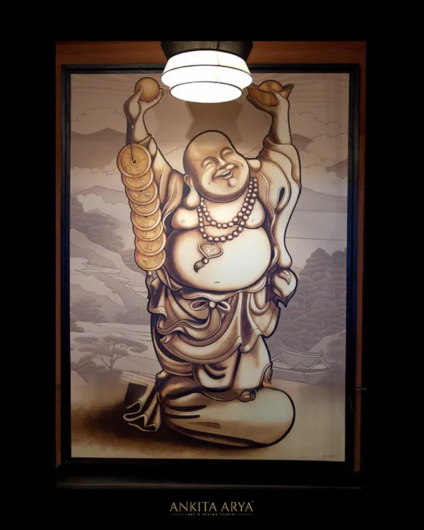 A custom Laughing Buddha wall art piece I designed for the restaurant Shanghigh. The artwork is created in an oriental style to match the restaurant's theme, adding a serene and joyful vibe to the ambiance.