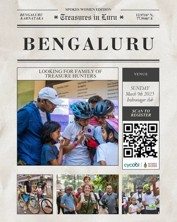 Get ready for an adventure across namma Bengaluru with our annual Cycling Treasure Hunt. This newspaper-style poster captures the spirit of the event, where families and friends team up to solve clues and explore the city on two wheels. It's all about fun, not speed.