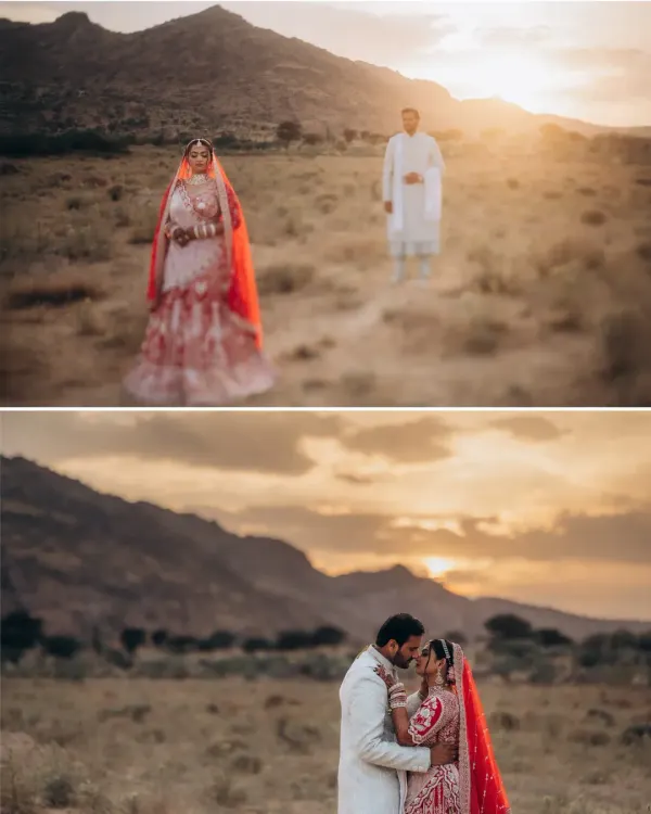 A collage capturing the essence of Malay and Nishi's golden hour shoot. The top frame shows them in the vast landscape, while the bottom frame is an intimate kiss as the sun sets behind the mountains.