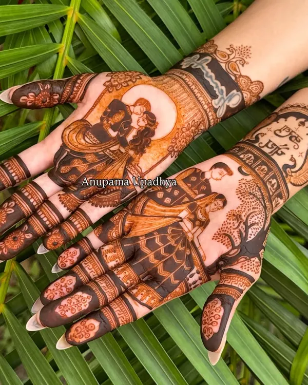 Getting ready for Karwachauth with a design that celebrates love. This piece features two different couple poses, perfect for this special day of love and devotion.